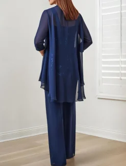 Jumpsuit / Pantsuit 3 Piece Mother of the Bride Formal Wedding Guest Elegant Square Neck Floor Length Chiffon Sequined 3/4 Length Sleeve with Sequin Appliques free custom size
