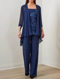 Jumpsuit / Pantsuit 3 Piece Mother of the Bride Formal Wedding Guest Elegant Square Neck Floor Length Chiffon Sequined 3/4 Length Sleeve with Sequin Appliques free custom size