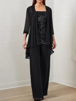 Jumpsuit / Pantsuit 3 Piece Mother of the Bride Formal Wedding Guest Elegant Square Neck Floor Length Chiffon Sequined 3/4 Length Sleeve with Sequin Appliques free custom size