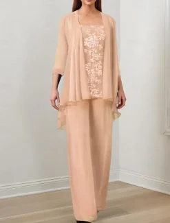 Jumpsuit / Pantsuit 3 Piece Mother of the Bride Formal Wedding Guest Elegant Square Neck Floor Length Chiffon Sequined 3/4 Length Sleeve with Sequin Appliques free custom size