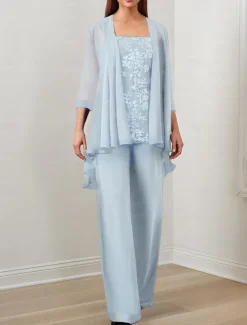 Jumpsuit / Pantsuit 3 Piece Mother of the Bride Formal Wedding Guest Elegant Square Neck Floor Length Chiffon Sequined 3/4 Length Sleeve with Sequin Appliques free custom size