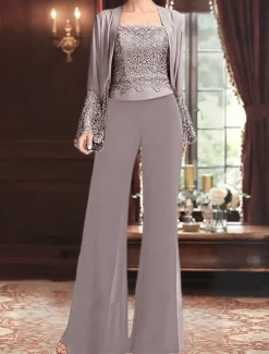 Jumpsuit / Pantsuit 3 Piece Pantsuit Mother of the Bride Pant Suit Elegant Vintage Simple Square Neck Floor Length Chiffon Satin Long Sleeve with Lace