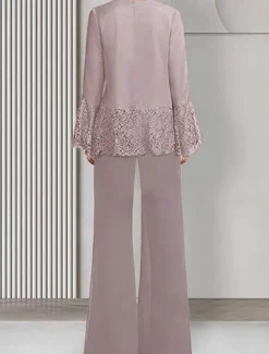 Jumpsuit / Pantsuit 3 Piece Pantsuit Mother of the Bride Pant Suit Elegant Vintage Simple Square Neck Floor Length Chiffon Satin Long Sleeve with Lace