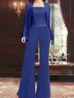 Jumpsuit / Pantsuit 3 Piece Pantsuit Mother of the Bride Pant Suit Elegant Vintage Simple Square Neck Floor Length Chiffon Satin Long Sleeve with Lace