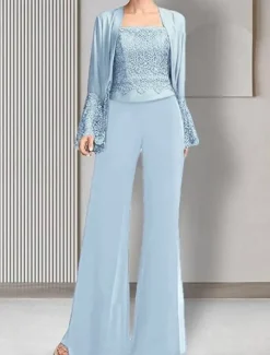 Jumpsuit / Pantsuit 3 Piece Pantsuit Mother of the Bride Pant Suit Elegant Vintage Simple Square Neck Floor Length Chiffon Satin Long Sleeve with Lace