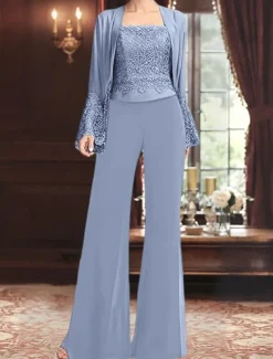 Jumpsuit / Pantsuit 3 Piece Pantsuit Mother of the Bride Pant Suit Elegant Vintage Simple Square Neck Floor Length Chiffon Satin Long Sleeve with Lace