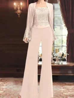 Jumpsuit / Pantsuit 3 Piece Pantsuit Mother of the Bride Pant Suit Elegant Vintage Simple Square Neck Floor Length Chiffon Satin Long Sleeve with Lace