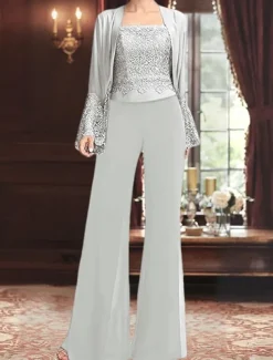 Jumpsuit / Pantsuit 3 Piece Pantsuit Mother of the Bride Pant Suit Elegant Vintage Simple Square Neck Floor Length Chiffon Satin Long Sleeve with Lace