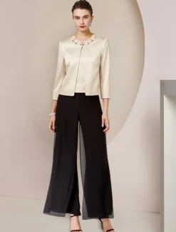 Jumpsuit / Pantsuit 3 Piece Mother of the Bride Formal Wedding Guest Elegant Party Scoop Neck Floor Length Chiffon Satin Half Sleeve Wrap with Beading Split Front free custom size