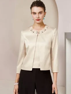 Jumpsuit / Pantsuit 3 Piece Mother of the Bride Formal Wedding Guest Elegant Party Scoop Neck Floor Length Chiffon Satin Half Sleeve Wrap with Beading Split Front free custom size