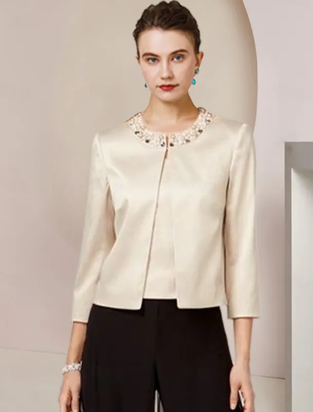 Jumpsuit / Pantsuit 3 Piece Mother of the Bride Formal Wedding Guest Elegant Party Scoop Neck Floor Length Chiffon Satin Half Sleeve Wrap with Beading Split Front free custom size