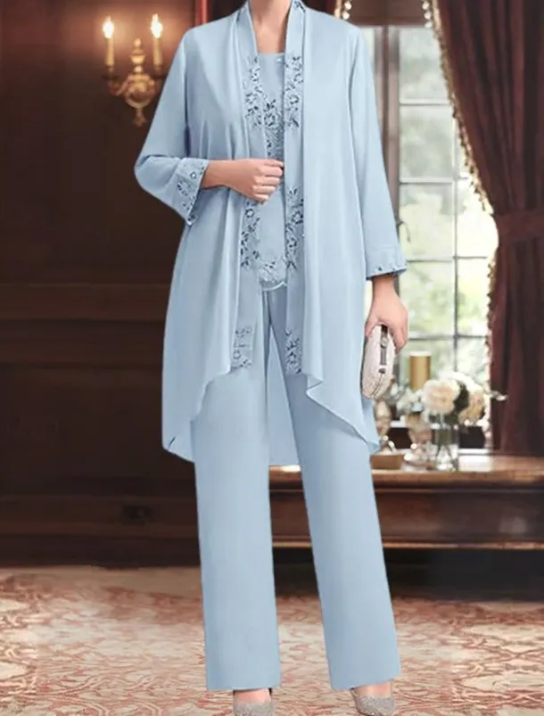 Jumpsuit / Pantsuit 3 Piece Pantsuit Mother of the Bride Dress Elegant Vintage Simple Boat Neck Floor Length Chiffon Polyester Sleeveless Long Sleeve with Lace Sequin Embroidery