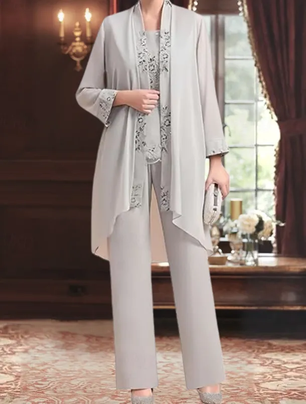 Jumpsuit / Pantsuit 3 Piece Pantsuit Mother of the Bride Dress Elegant Vintage Simple Boat Neck Floor Length Chiffon Polyester Sleeveless Long Sleeve with Lace Sequin Embroidery