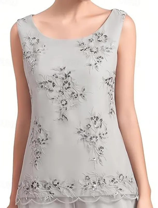 Jumpsuit / Pantsuit 3 Piece Pantsuit Mother of the Bride Dress Elegant Vintage Simple Boat Neck Floor Length Chiffon Polyester Sleeveless Long Sleeve with Lace Sequin Embroidery