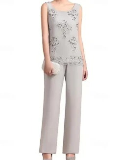 Jumpsuit / Pantsuit 3 Piece Pantsuit Mother of the Bride Dress Elegant Vintage Simple Boat Neck Floor Length Chiffon Polyester Sleeveless Long Sleeve with Lace Sequin Embroidery