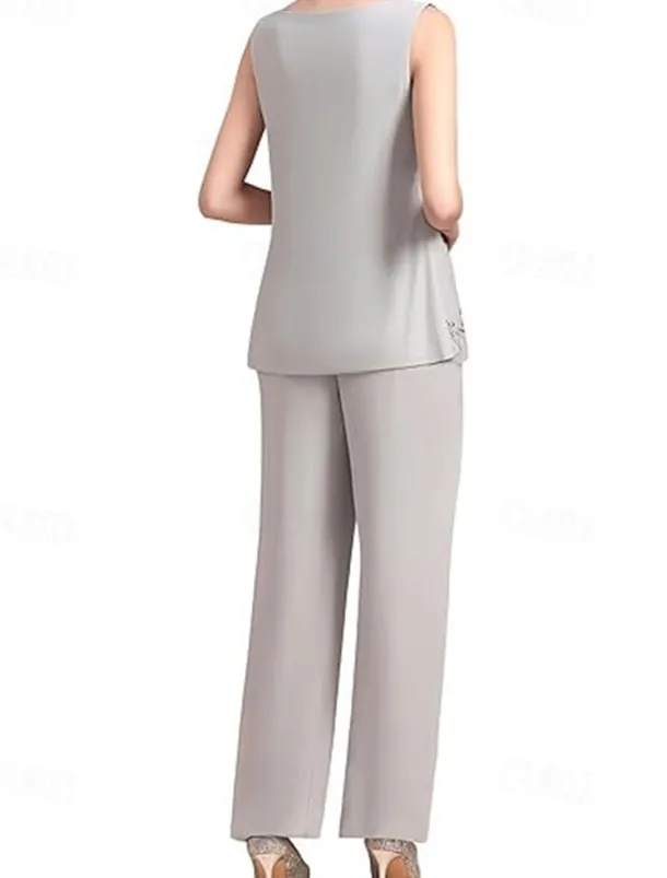 Jumpsuit / Pantsuit 3 Piece Pantsuit Mother of the Bride Dress Elegant Vintage Simple Boat Neck Floor Length Chiffon Polyester Sleeveless Long Sleeve with Lace Sequin Embroidery