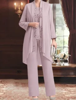 Jumpsuit / Pantsuit 3 Piece Pantsuit Mother of the Bride Dress Elegant Vintage Simple Boat Neck Floor Length Chiffon Polyester Sleeveless Long Sleeve with Lace Sequin Embroidery