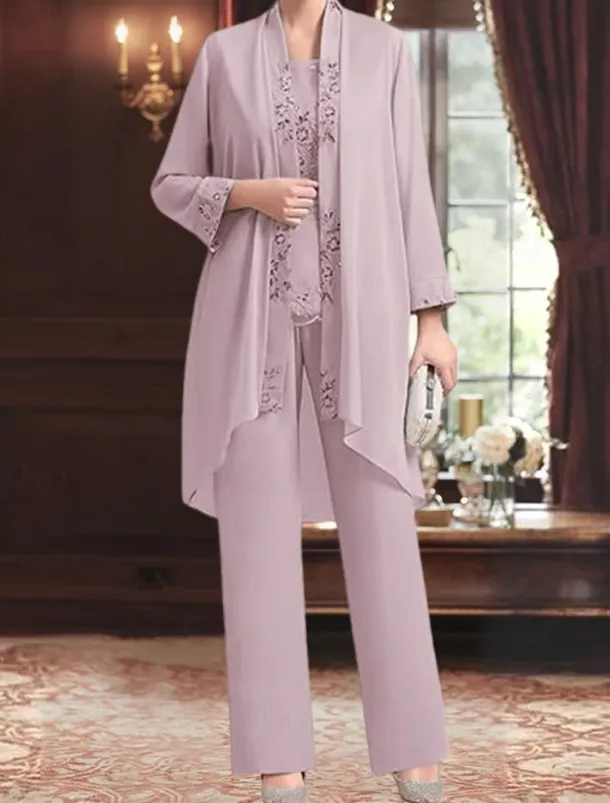 Jumpsuit / Pantsuit 3 Piece Pantsuit Mother of the Bride Dress Elegant Vintage Simple Boat Neck Floor Length Chiffon Polyester Sleeveless Long Sleeve with Lace Sequin Embroidery