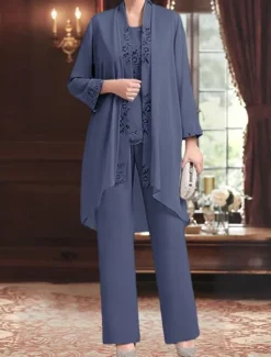 Jumpsuit / Pantsuit 3 Piece Pantsuit Mother of the Bride Dress Elegant Vintage Simple Boat Neck Floor Length Chiffon Polyester Sleeveless Long Sleeve with Lace Sequin Embroidery