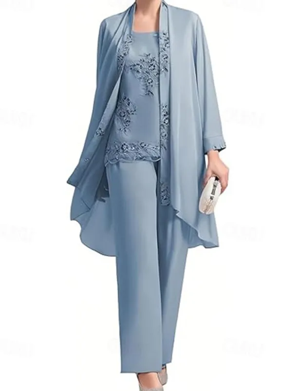 Jumpsuit / Pantsuit 3 Piece Pantsuit Mother of the Bride Dress Elegant Vintage Simple Boat Neck Floor Length Chiffon Polyester Sleeveless Long Sleeve with Lace Sequin Embroidery