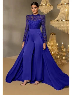 Jumpsuit / Pantsuit Beaeded Lace Applique Mother of the Bride Jumpsuit Elegant Wedding Guest Minimalist Casual Mock Neck Floor Length Lace Stretch Satin Long Sleeve