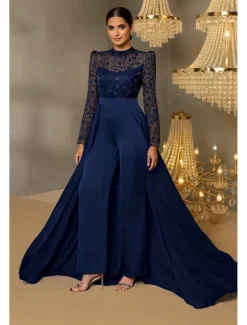 Jumpsuit / Pantsuit Beaeded Lace Applique Mother of the Bride Jumpsuit Elegant Wedding Guest Minimalist Casual Mock Neck Floor Length Lace Stretch Satin Long Sleeve