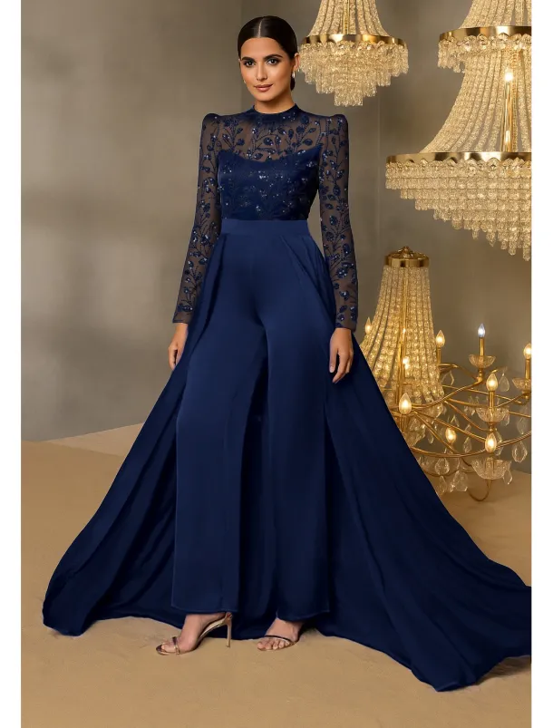 Jumpsuit / Pantsuit Beaeded Lace Applique Mother of the Bride Jumpsuit Elegant Wedding Guest Minimalist Casual Mock Neck Floor Length Lace Stretch Satin Long Sleeve