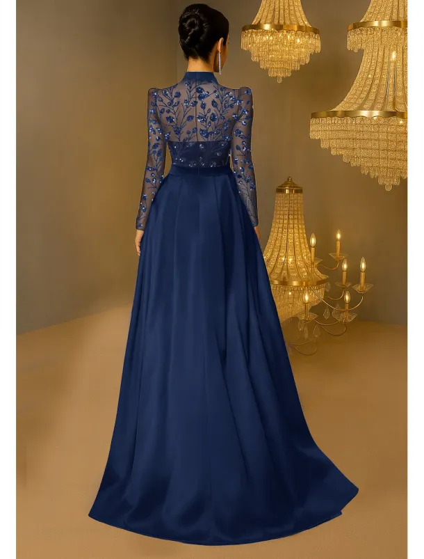 Jumpsuit / Pantsuit Beaeded Lace Applique Mother of the Bride Jumpsuit Elegant Wedding Guest Minimalist Casual Mock Neck Floor Length Lace Stretch Satin Long Sleeve