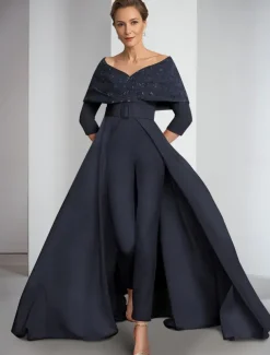 Jumpsuit / Pantsuit Mother of the Bride Elegant Vintage Off Shoulder Floor Length Stretch Fabric 3/4 Length Sleeve with Sequin Appliques
