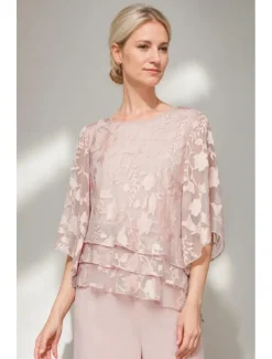 Jumpsuit / Pantsuit Mother of the Bride Floral Lace Elegant Simple Minimalist Boat Neck Floor Length Chiffon 3/4 Length Sleeve with Ruffles Cascading Ruffles Solid Color