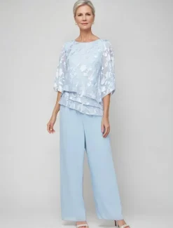 Jumpsuit / Pantsuit Mother of the Bride Floral Lace Elegant Simple Minimalist Boat Neck Floor Length Chiffon 3/4 Length Sleeve with Ruffles Cascading Ruffles Solid Color