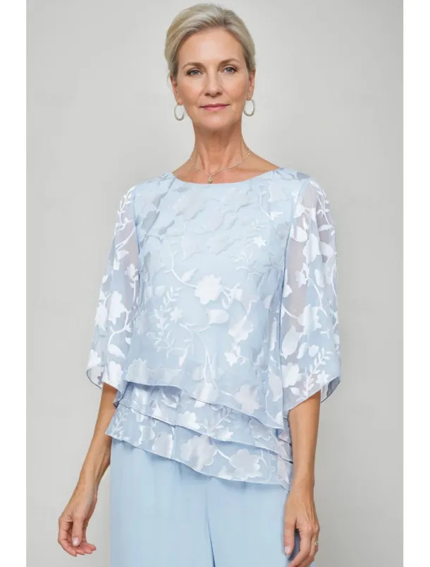 Jumpsuit / Pantsuit Mother of the Bride Floral Lace Elegant Simple Minimalist Boat Neck Floor Length Chiffon 3/4 Length Sleeve with Ruffles Cascading Ruffles Solid Color