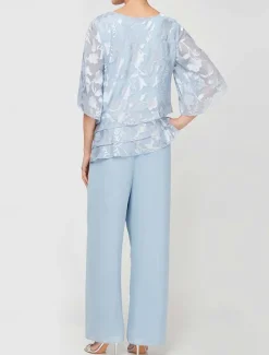 Jumpsuit / Pantsuit Mother of the Bride Floral Lace Elegant Simple Minimalist Boat Neck Floor Length Chiffon 3/4 Length Sleeve with Ruffles Cascading Ruffles Solid Color