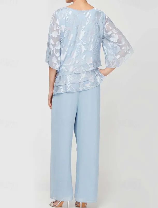 Jumpsuit / Pantsuit Mother of the Bride Floral Lace Elegant Simple Minimalist Boat Neck Floor Length Chiffon 3/4 Length Sleeve with Ruffles Cascading Ruffles Solid Color