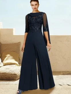 Jumpsuit / Pantsuit Mother of the Bride Formal Wedding Guest Elegant Cowl Neck Floor Length Lace Stretch Chiffon Half Sleeve with Sequin Appliques free custom size