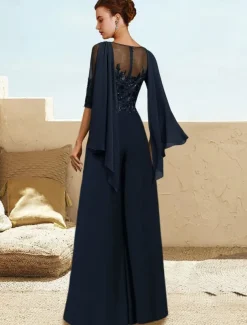 Jumpsuit / Pantsuit Mother of the Bride Formal Wedding Guest Elegant Cowl Neck Floor Length Lace Stretch Chiffon Half Sleeve with Sequin Appliques free custom size