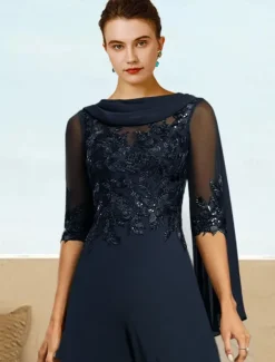 Jumpsuit / Pantsuit Mother of the Bride Formal Wedding Guest Elegant Cowl Neck Floor Length Lace Stretch Chiffon Half Sleeve with Sequin Appliques free custom size