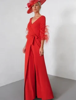 Jumpsuit / Pantsuit Mother of the Bride Elegant Vintage V Neck Floor Length Stretch Chiffon Half Sleeve with Feather Sequin Appliques