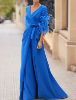 Jumpsuit / Pantsuit Mother of the Bride Elegant Vintage V Neck Floor Length Stretch Chiffon Half Sleeve with Feather Sequin Appliques