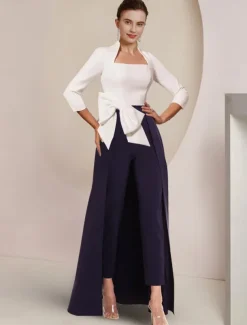 Jumpsuit / Pantsuit Mother of the Bride Formal Wedding Guest Elegant Party Square Neck Ankle Length Stretch Fabric 3/4 Length Sleeve with Bow(s) Color Block free custom size