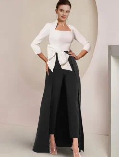 Jumpsuit / Pantsuit Mother of the Bride Formal Wedding Guest Elegant Party Square Neck Ankle Length Stretch Fabric 3/4 Length Sleeve with Bow(s) Color Block free custom size