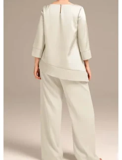 Jumpsuit / Pantsuit Mother of the Bride Elegant Simple Minimalist Boat Neck Floor Length Satin 3/4 Length Sleeve Wrap Included with Solid Color