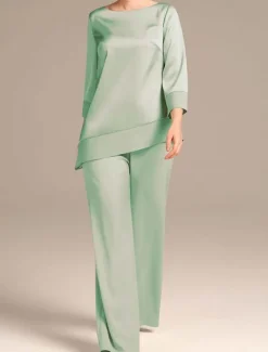Jumpsuit / Pantsuit Mother of the Bride Elegant Simple Minimalist Boat Neck Floor Length Satin 3/4 Length Sleeve Wrap Included with Solid Color