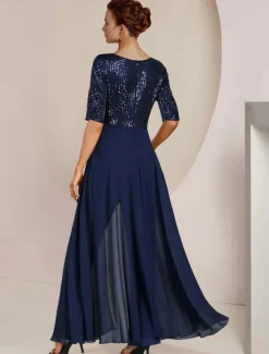 Jumpsuit / Pantsuit Mother of the Bride Formal Wedding Guest Elegant Scoop Neck Ankle Length Chiffon Sequined Half Sleeve with Bow(s) Sequin