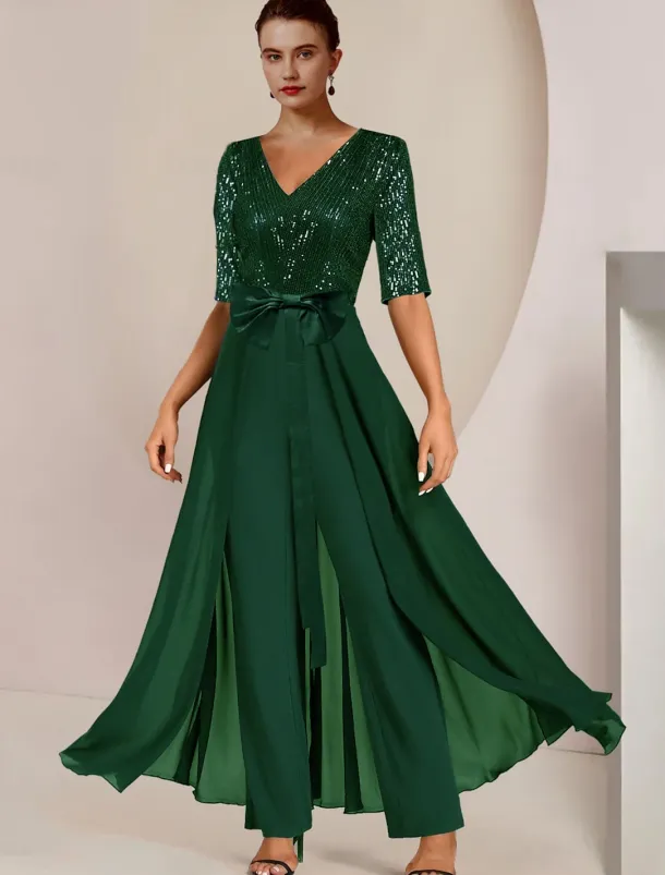 Jumpsuit / Pantsuit Mother of the Bride Formal Wedding Guest Elegant Scoop Neck Ankle Length Chiffon Sequined Half Sleeve with Bow(s) Sequin