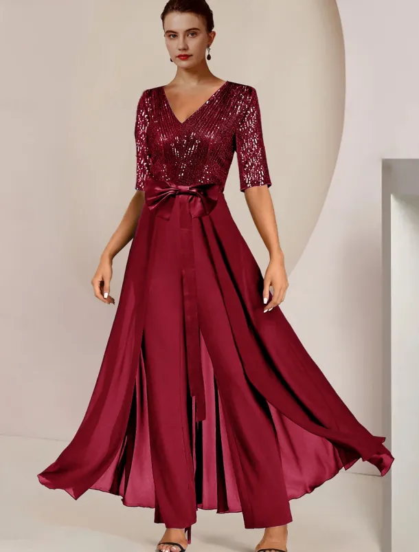 Jumpsuit / Pantsuit Mother of the Bride Formal Wedding Guest Elegant Scoop Neck Ankle Length Chiffon Sequined Half Sleeve with Bow(s) Sequin