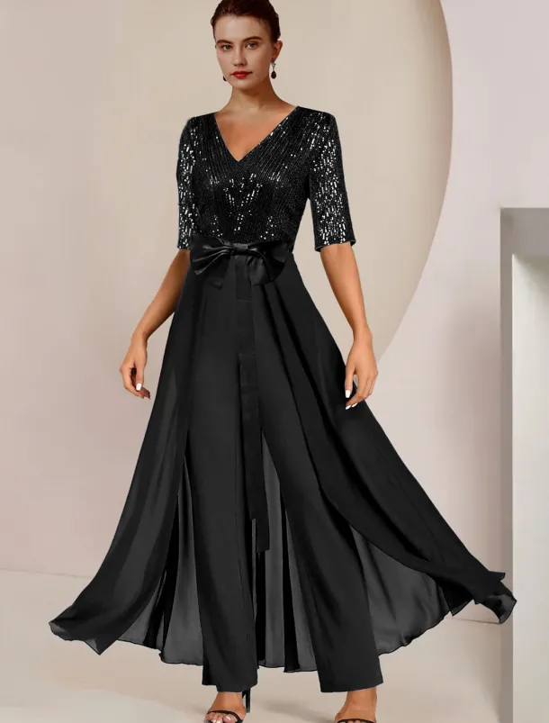 Jumpsuit / Pantsuit Mother of the Bride Formal Wedding Guest Elegant Scoop Neck Ankle Length Chiffon Sequined Half Sleeve with Bow(s) Sequin
