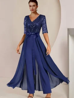 Jumpsuit / Pantsuit Mother of the Bride Formal Wedding Guest Elegant Scoop Neck Ankle Length Chiffon Sequined Half Sleeve with Bow(s) Sequin