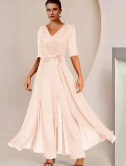 Jumpsuit / Pantsuit Mother of the Bride Formal Wedding Guest Elegant Scoop Neck Ankle Length Chiffon Sequined Half Sleeve with Bow(s) Sequin