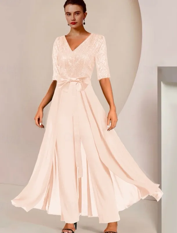 Jumpsuit / Pantsuit Mother of the Bride Formal Wedding Guest Elegant Scoop Neck Ankle Length Chiffon Sequined Half Sleeve with Bow(s) Sequin